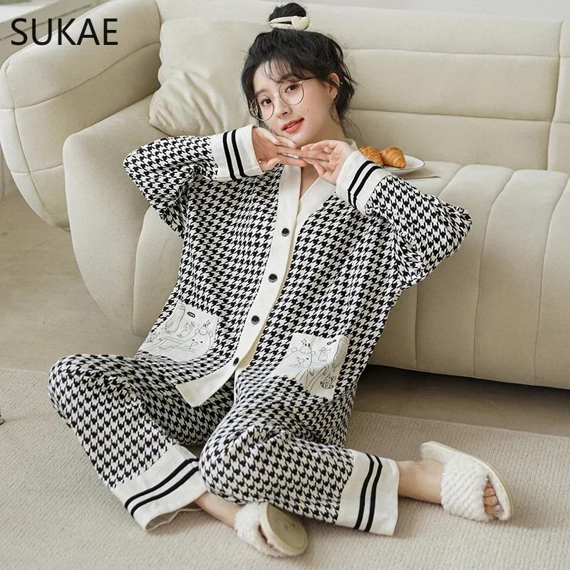 SUKAE New M-5XL Autumn Winter New Cotton Women Pajamas Lady Pijamas Set Loungewear Kimono Cardigan Long Sleeves V-neck Homesuit
