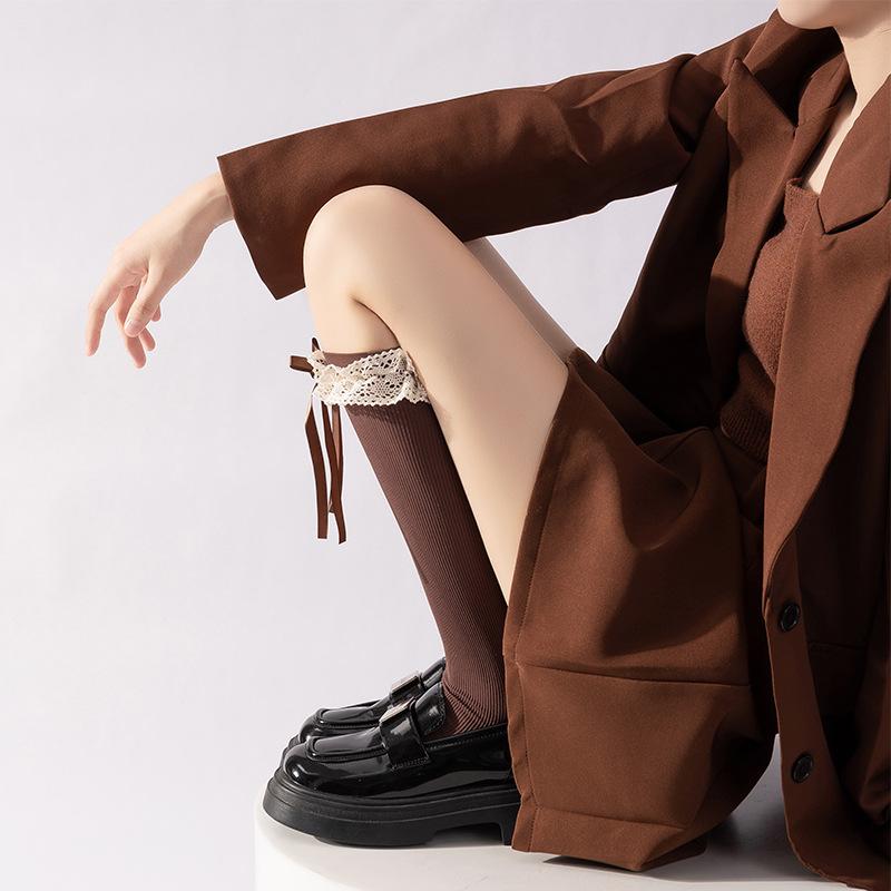 Lace Lolita Calf Socks with Bow Pressure, Long Calf Style, Paired with Boots for Slimming, Ballet Style Reaching The Knees