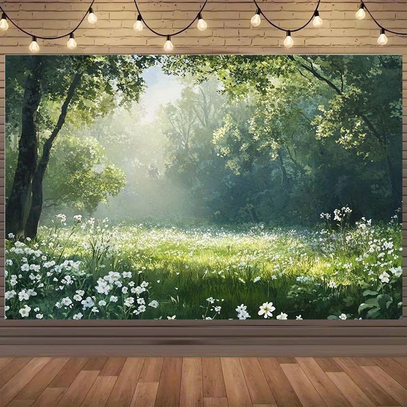 The charming forest and grassland backdrop, along with the sunlit tree canopies and white flowers, is the backdrop for a party