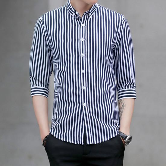 Yaka 3/4 Kol Tek Düğmeli Erkek Gömleği Slim Fit Çizgili Baskılı Günlük Gömlek Üst