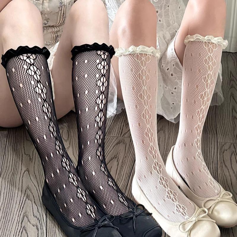 Vintage Spring Summer Mesh Women's Stockings Lace Trim Hollow Out Pile Calf Socks Thin Korean Knee Highs Socks Girl Stockings