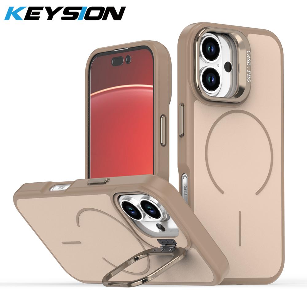 KEYSION Matte Skin Feel Lens Stand Phone Case for Magsafe for iPhone 16 Pro Max 16 Plus Magnetic Wireless Charging Shockproof Cover