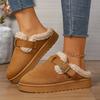 Fashion Women Brown Suede Closed Toe Mule Slippers Lined Buckle Strap Platform Winter Warm Comfortable Casual Slip on Shoes for women