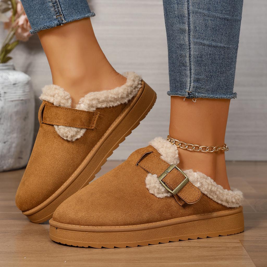 Fashion Women Brown Suede Closed Toe Mule Slippers Lined Buckle Strap Platform Winter Warm Comfortable Casual Slip on Shoes for women