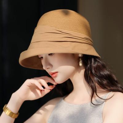 Elegant Straw Splicing Sunshade Bucket Hat Women Travel Beach Straw Hat Outdoor Sun Hat