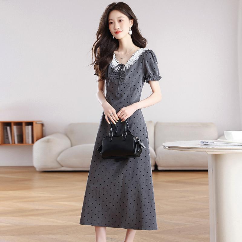 Summer Gray Dress for Women High Waist Breathable Pear Shaped Waist Design Polka Dot Dress Fashion