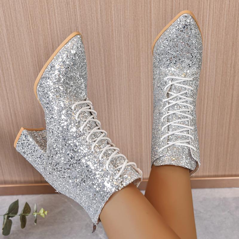 Booties Women Fall Winter New Versatile Gold Pointed Toe Block Heel Pump Shoes