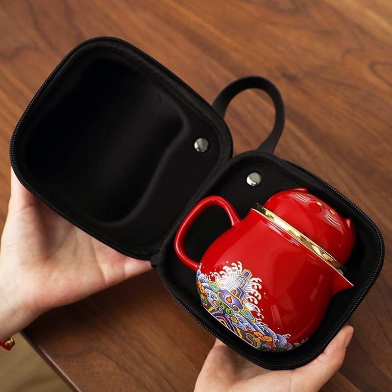 Portable Ceramic Tea Cup Set: Lucky Cat Porcelain Teapot Set with Handle - Tea Strainer - Lids and 2 Teacups - 1 Shockproof