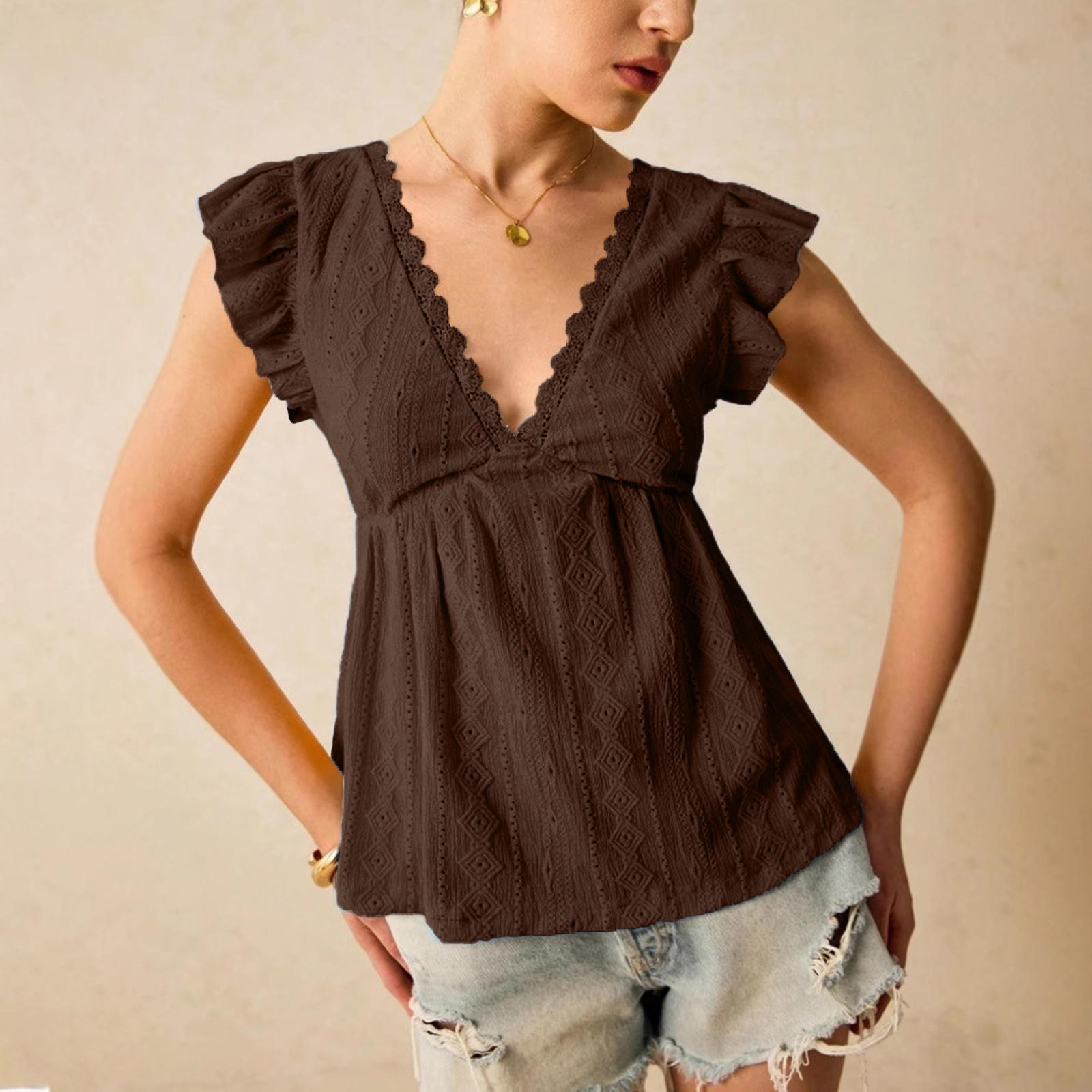 Women s Fashion Hollow-out V-neck Ruffled Short-sleeve Lace T-shirt Top XXL
