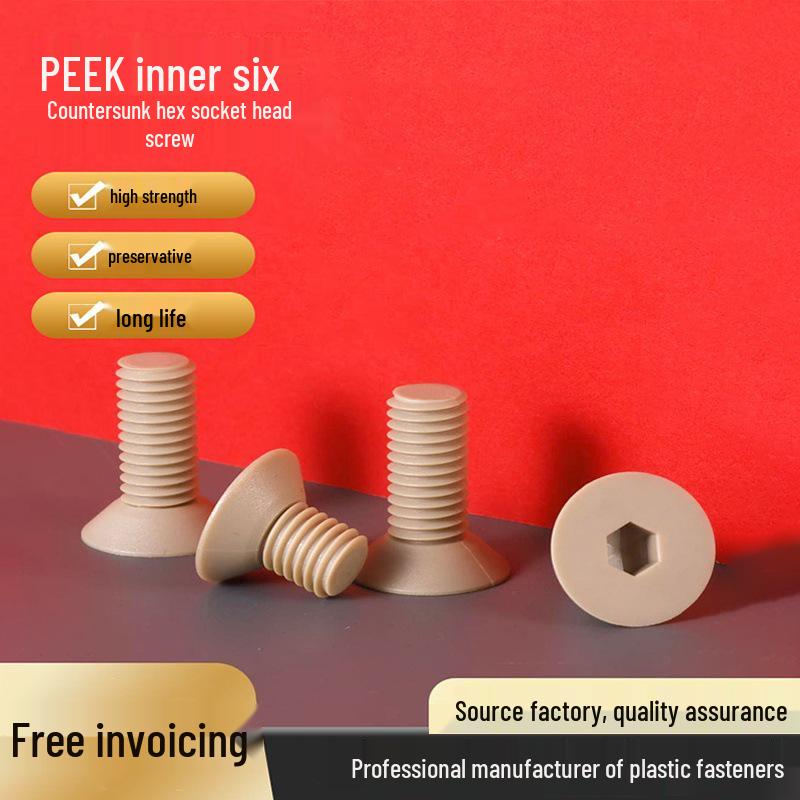 High-Temperature Resistant PEEK Flat Head Hex Socket Screw, Acid & Alkali Resistant Plastic Bolt, Sizes M3-M12.