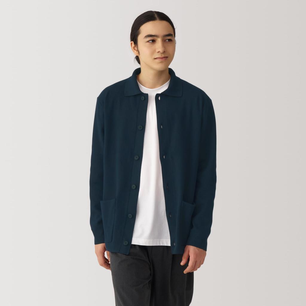 MUJI Men's Washable Milan Rib Knit Shirt Cardigan, Dark Navy, Size S (AA0RPA4A)