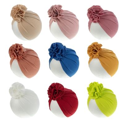 Fashionable Baby Turban Hat Solid Color Headwear Lovely Infant Fetal Caps with Lovely Flower Detail,  Trendy Headwrap