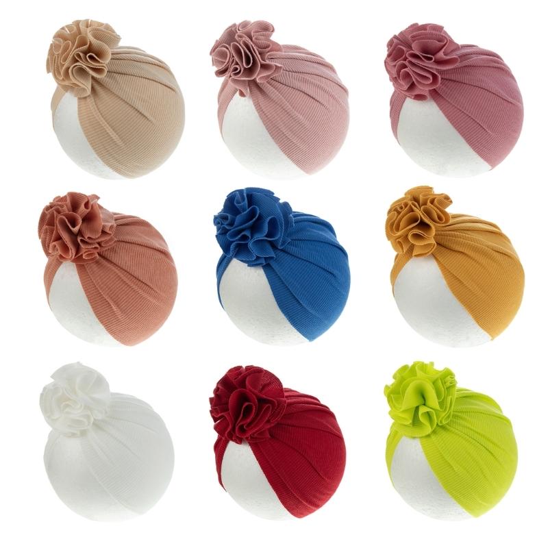 Fashionable Baby Turban Hat Solid Color Headwear Lovely Infant Fetal Caps with Lovely Flower Detail,  Trendy Headwrap
