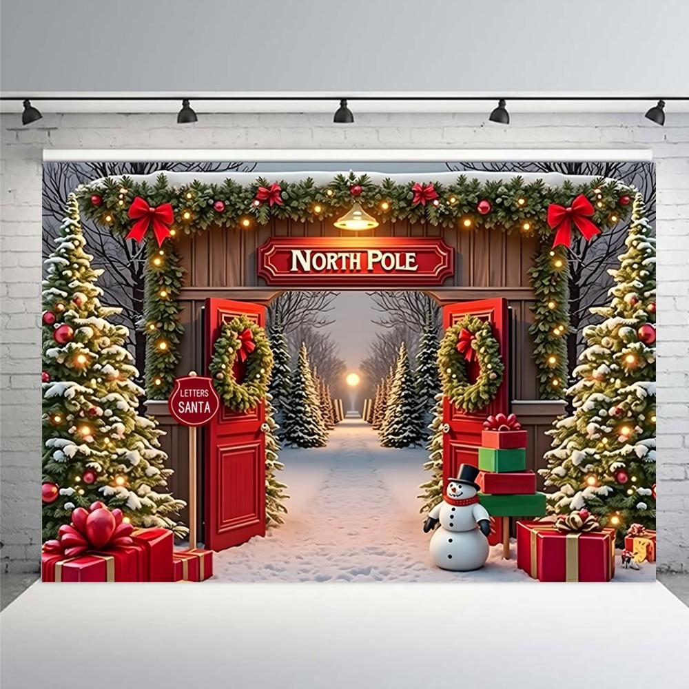 Yeele Christmas Photography Backdrop Winter Snow North Pole Wooden Door Xmas Tree Gifts Kids Family Portrait Photo Background