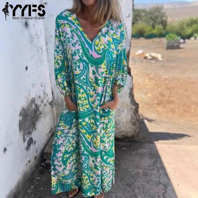 Women's Fashion Spring Fall Colour Block Print Long Sleeve V-Neck Loose Waistline Casual Dresses