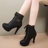 Women's High Heels Boots Fashion Pointed Short Boots 11cm High Heels Platform Booties Lace Up Women's Ankle Boots Botas De Mujer