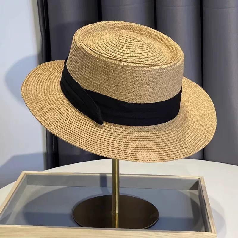 Flat-top straw hat women's straw top hat, new summer big-brimmed sun hat, seaside vacation sun hat