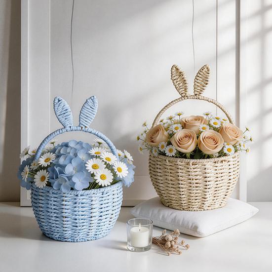 Flower Arrangement Basket, with Built-in Waterproof Lining Design, Weaving Cute Bunny Ear Handle Floral Basket for Wedding Camping
