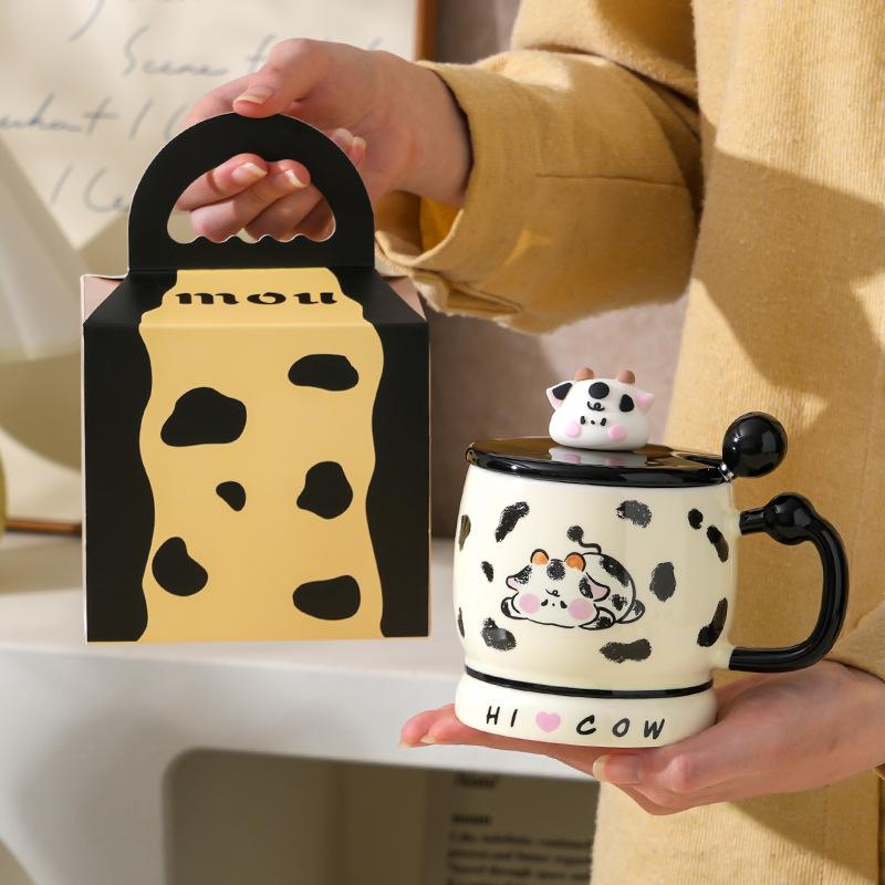 Cute Girl Heart Cow Mug With Lid Office Water Cup Girl High Value Household Coffee Cup Ceramic Cup