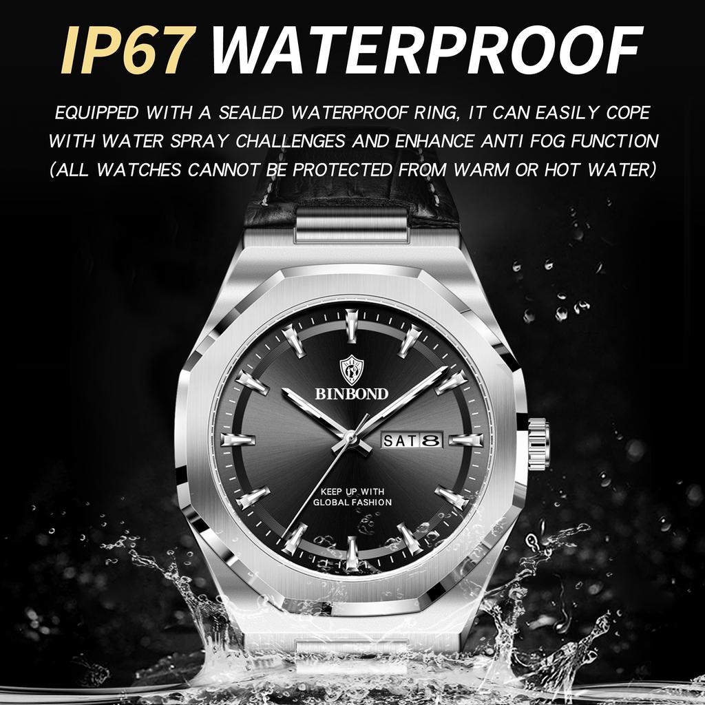 BINBOND Quartz Watches For Men Luminous Waterproof Luxury Auto Date Week Display Men's Watch Reloj Leather Wristwatch