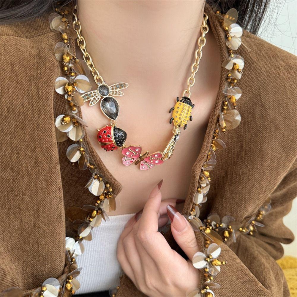 Colorful Vintage Enamel Necklace Metal Chain Insect Earrings Fashion Insect Pendant Necklace  Women