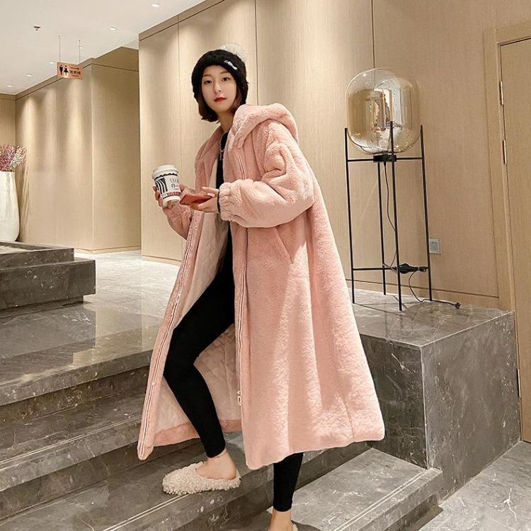 

Winter Autumn Women Casual Lamb Wool Coat Imitation Fur Knee Long Hooded Sheep Shearing New S розовый