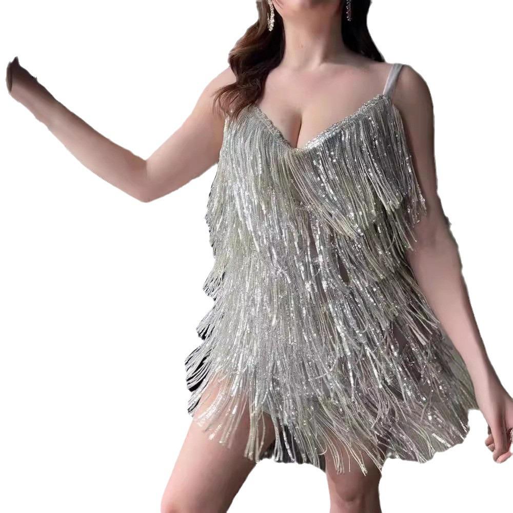 2026 Women's Sequin Fringe Bodycon Spaghetti Strap Evening Dress