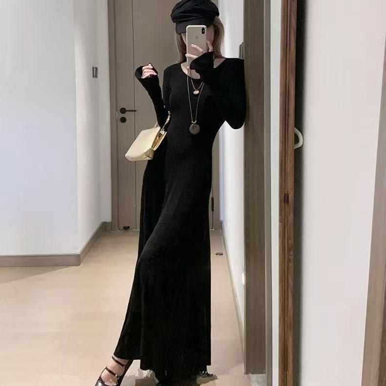 

Gentle V-Neck Long-Sleeve Knit Dress for Women - Slim-Fit, Waist-Cinching, Versatile Spring/Autumn Style M for 95-108 jin, Length 131CM