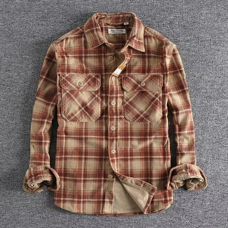 

Vintage Men s Plaid Long Sleeve Shirt Spring Autumn Fashion Comfortable Corduroy Artistic Trendy Classic Shirts Tops S