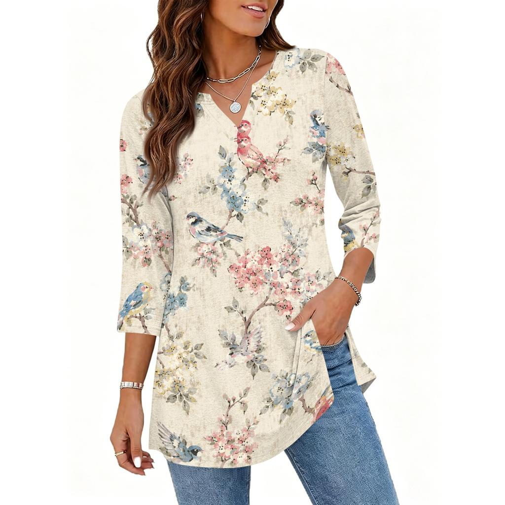 Women's Casual V Neck 3/4 Sleeve Pullover Tunic Top Floral Print Mid Length Blouse Lightweight Soft Fabric