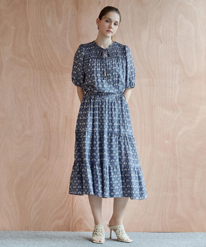 Maja Hotfix Bird Pattern Smoked Tiered Long Dress