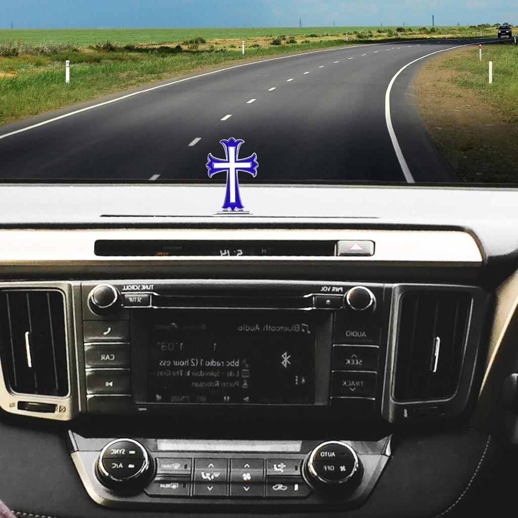 Kříž Ježíše na palubní desku auta | Křesťanské doplňky na palubní desku auta, Kovový, 1 kus (Modrá barva)