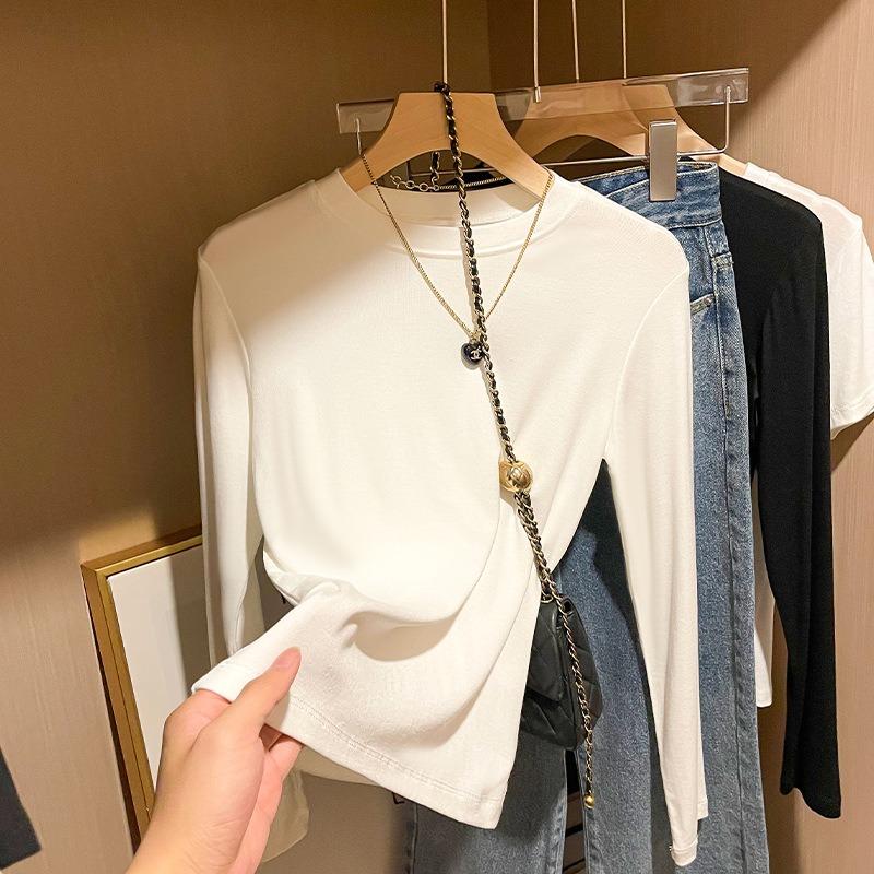 Теплая полированная внутренняя рубашка с длинным рукавом женская базовая футболка весенняя приталенная и тонкая с круглым вырезом S