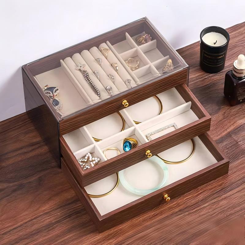 Multi-layer Wooden Jewelry Box Transparent Window Rings Necklace Jewelry Storage Case Organizer Bracelet Earrings