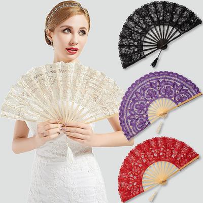 Lace Folding Fan with Tassel Hollow Ribs Elegant Vintage Style Trim Handheld Fan with TasselPendant for Wedding Party Home Decor