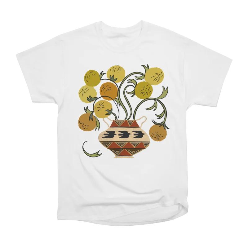 

Men Casual Shirts Short Sleeves YELLOW FLOWERS IN BIRD VASE White Tees Oversized T-shirts S белый
