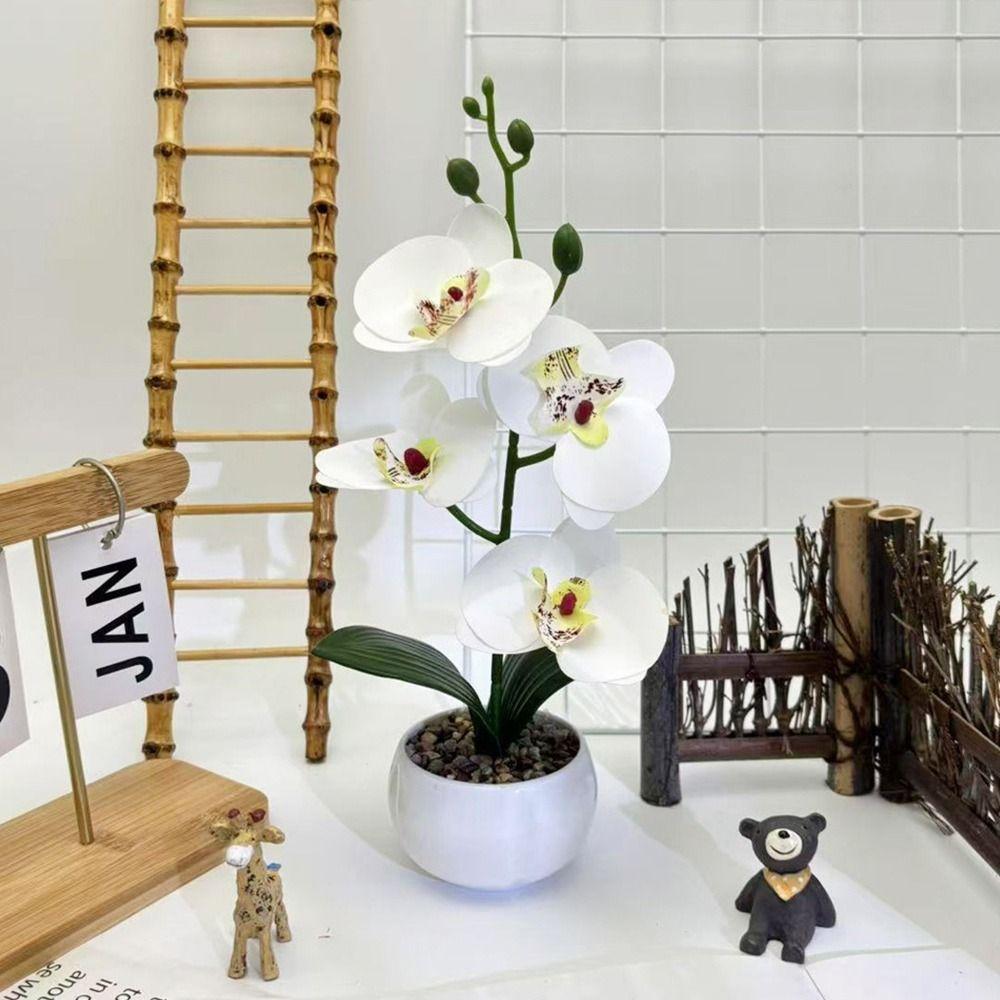 Multicolor Artificial Orchid Bonsai White Flowerpot Green Leaves Simulation Flower Potted Photo Props Accessories