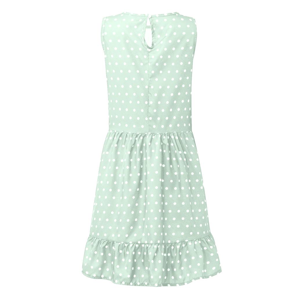Women's Summer Fashion Casual Dot Print  O-neck Sleeveless Loose Ruffle Stitching A-line Dress