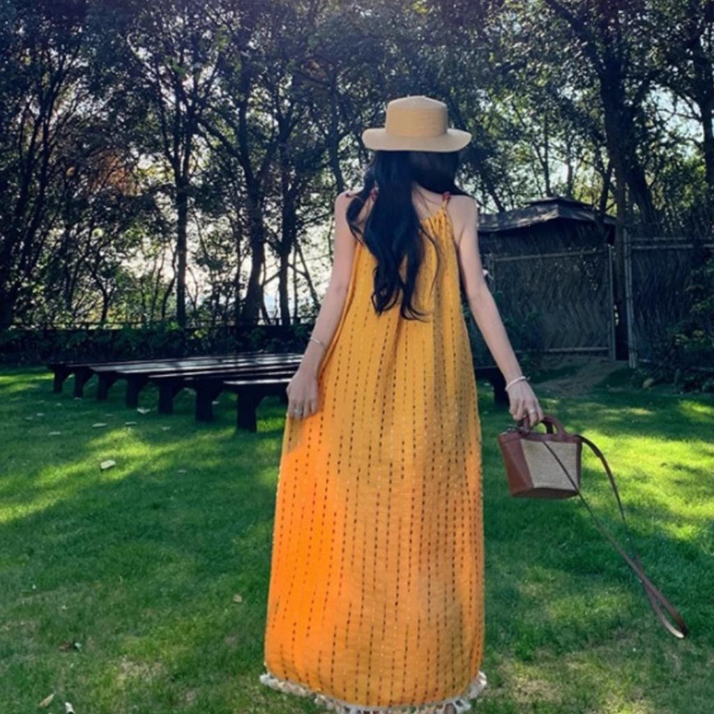 Yellow Tassel Suspender Dress for Women's Summer High-end Feeling Super Good-looking Seaside Vacation Dress