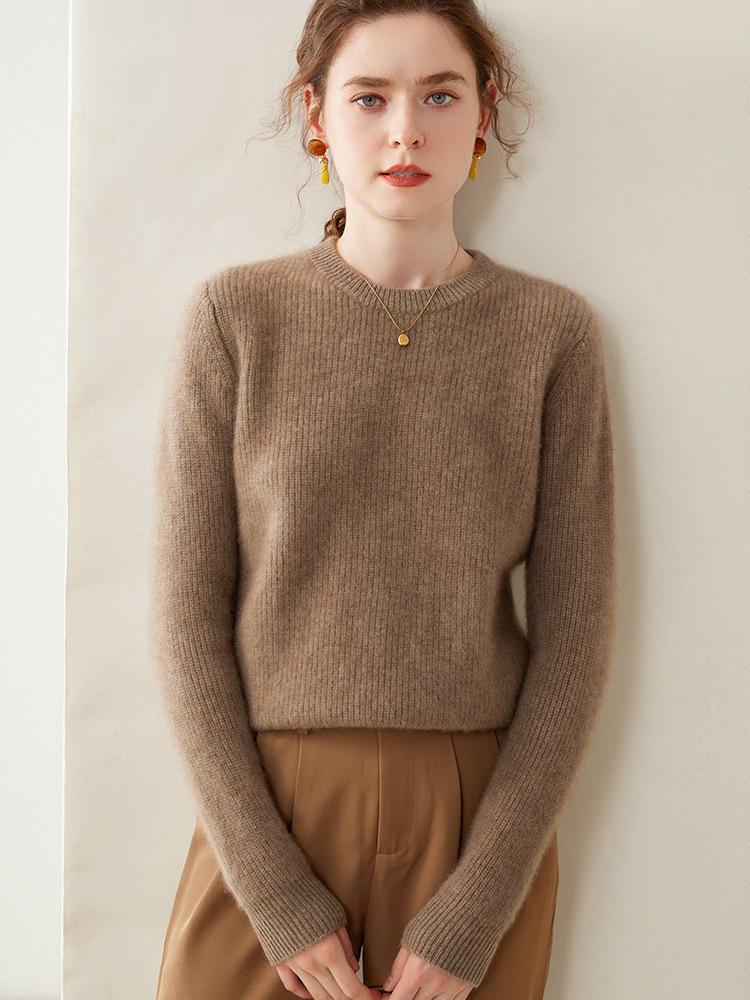 Autumn/Winter 2024 Women's Cashmere Knit Ribbed Sweater – Loose, Slimming, Round Neck Base Layer Top
