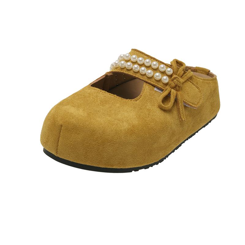 Fashion Flat Shoes Women Fashion Round Head Shallow Mouth Suede Beaded Butterfly Knot Soft Sole Anti-slip Wear Slippers