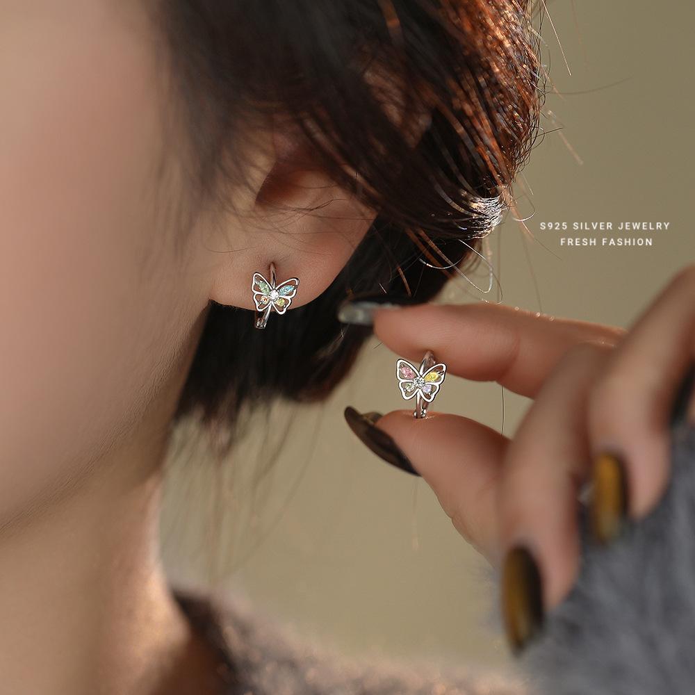 

925 Sterling Silver Colorful Zircon Butterfly Earring for Women Exquisite Wedding Party Jewelry Accessories Silver