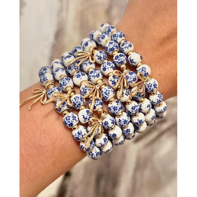 Beaded Bracelets for Women,Bow Charm Blue Flower Gold Plated Jewelry Women