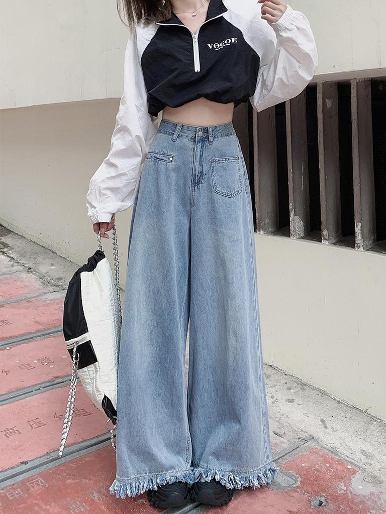 2025 Plus Size American Retro High Waist Wide Leg Jeans for Women - Autumn Loose Fit, Raw Edge, Straight, Floor Length.