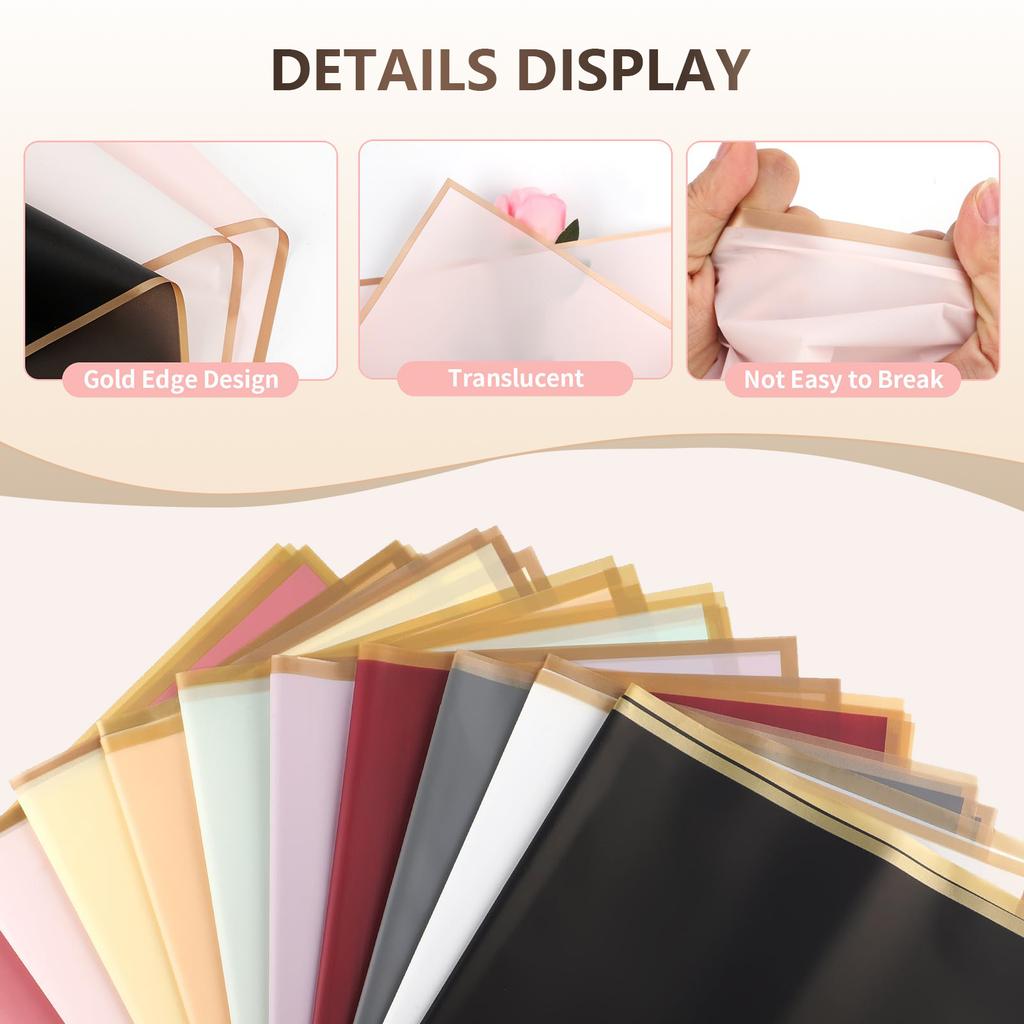 10 Sheets Flower Wrapping Paper with Golden Edges, Waterproof Bouquet Packaging - Ideal for DIY Weddings & Birthdays 2035