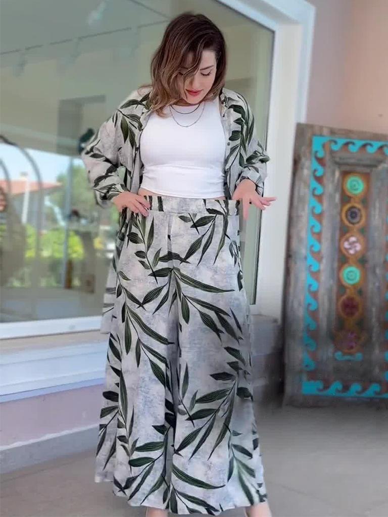 2026 Amazon Europe and the United States summer new fashion printed cardigan wide-leg pants trousers set cross-border hot-selling fashion