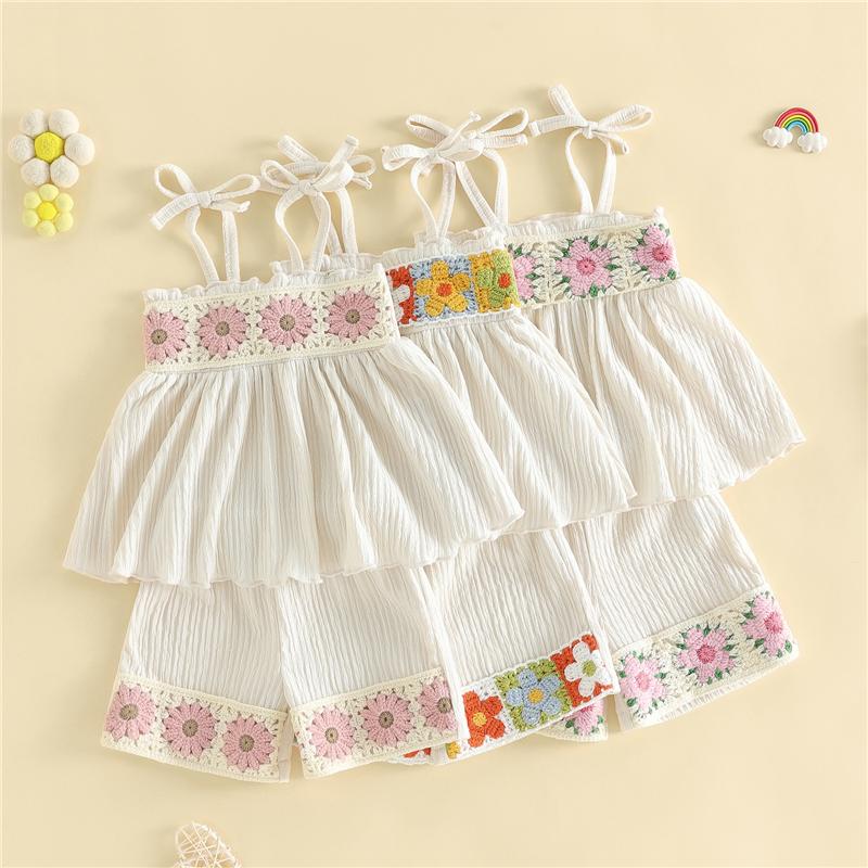 Girls Suit Summer Fashion Children Style Flower Crochet Spaghetti Strap Tops and Shorts Two-piece Girls Clothing Sets