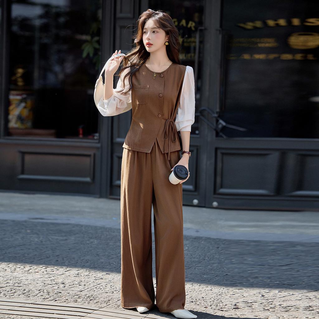 1116 Autumn New Retro Round Neck Fake Two-piece Vest Casual Pants Two-piece Set Women's Fashion Casual Women's Clothing Set