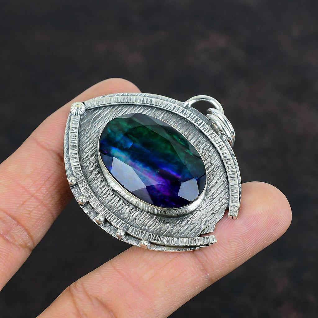 Faceted Ammolite Pendant Genuine Gemstone Jewelry Handmade Pendant 925 Sterling Silver Pendant Designer Jewelry Statement Pendant For Gifts