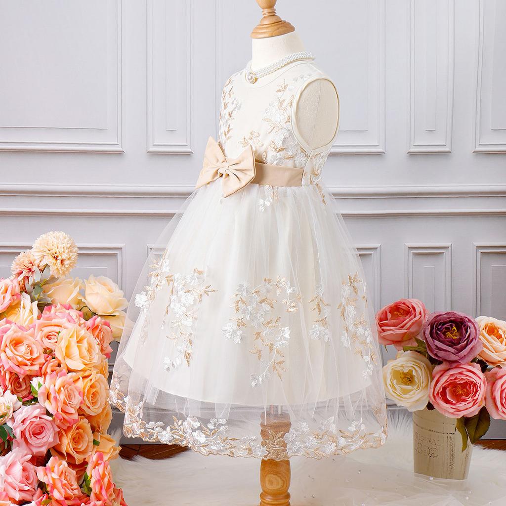 Mädchen Modisches Kleid 2025 Sommer Kinder Schleife Blume Bestickt Mesh Prinzessinnenkleid
